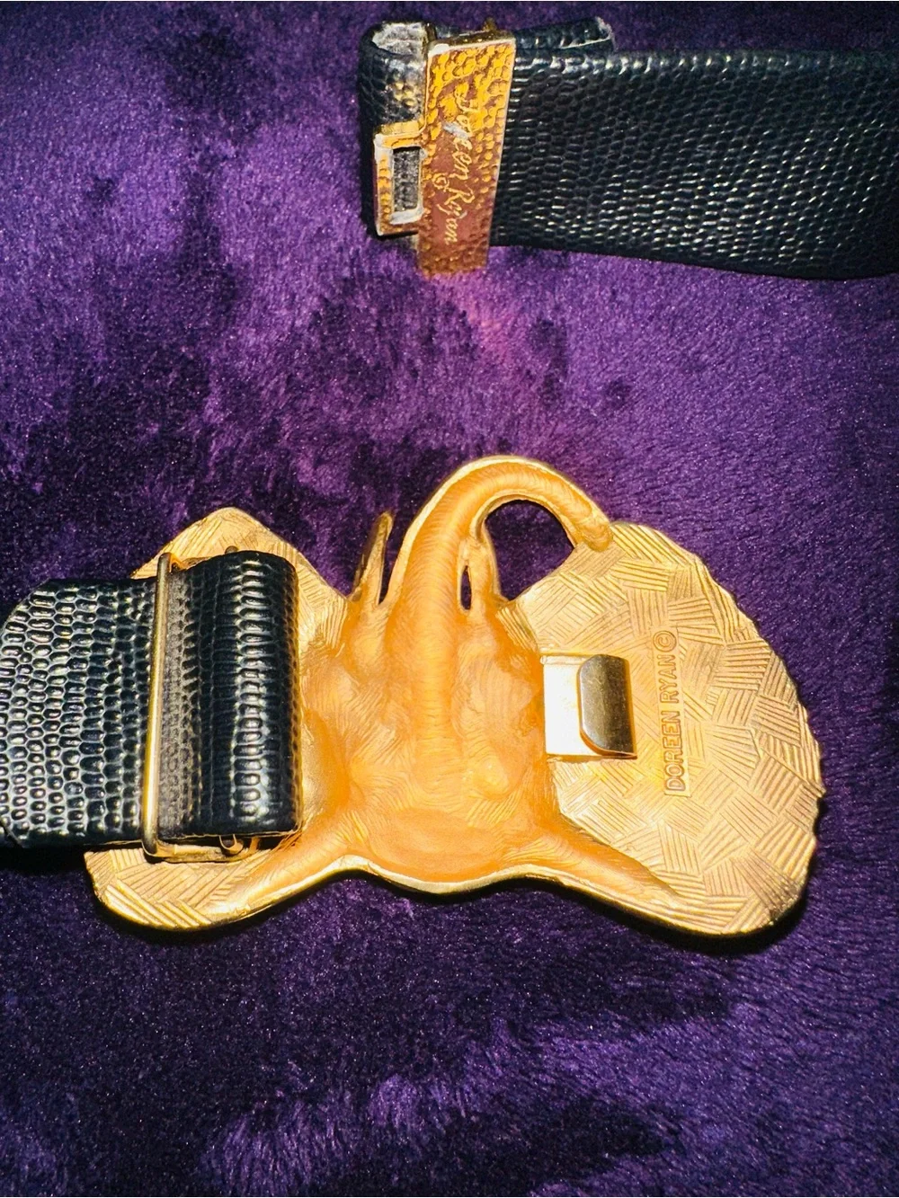 Vintage 90's Doreen Ryan Gold Tone Elephant Belt Buckle Hook & Brown Belt SIGNED